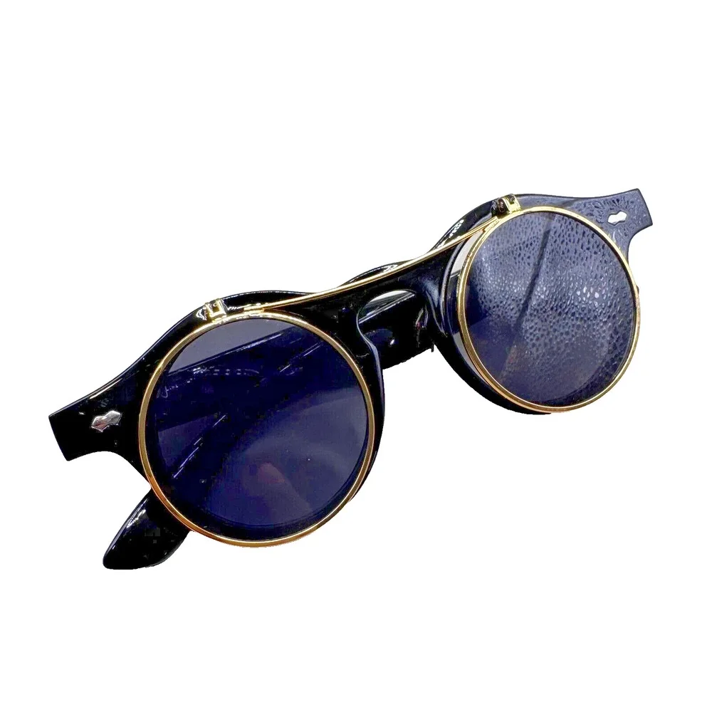 Music Festival Fashion Sunglasses Round Lenses Flip-Up Unisex - Shiny Black